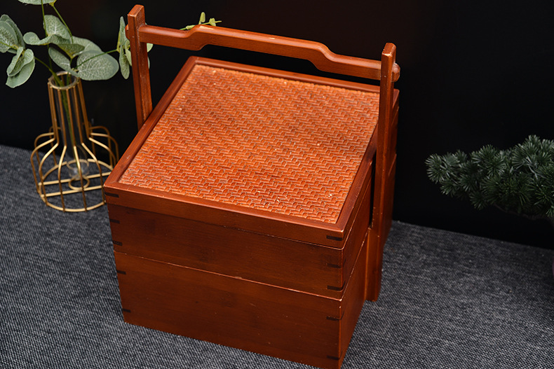 中餐厅镂空印花点心木盒带把手多层糕点收纳盒可定制图案复古食盒