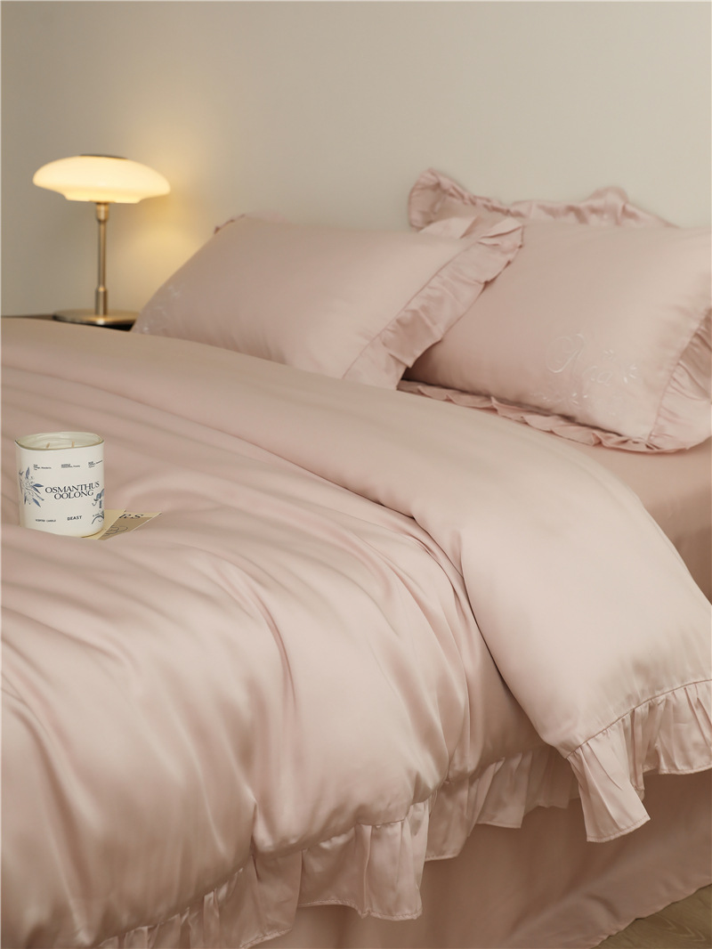 法式纯色凉感60支莱赛尔纤维四件套韩式刺绣荷叶花边丝滑被套床品