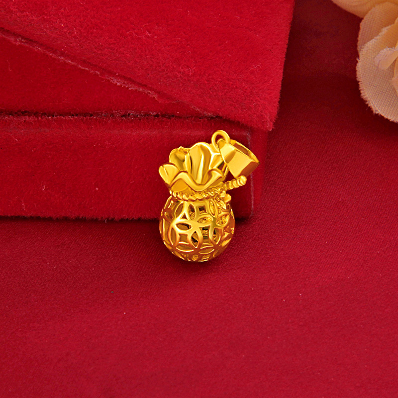 沙金福袋吊坠女镂空钱袋项链批发黄铜镀金999真仿黄金色时尚坠子