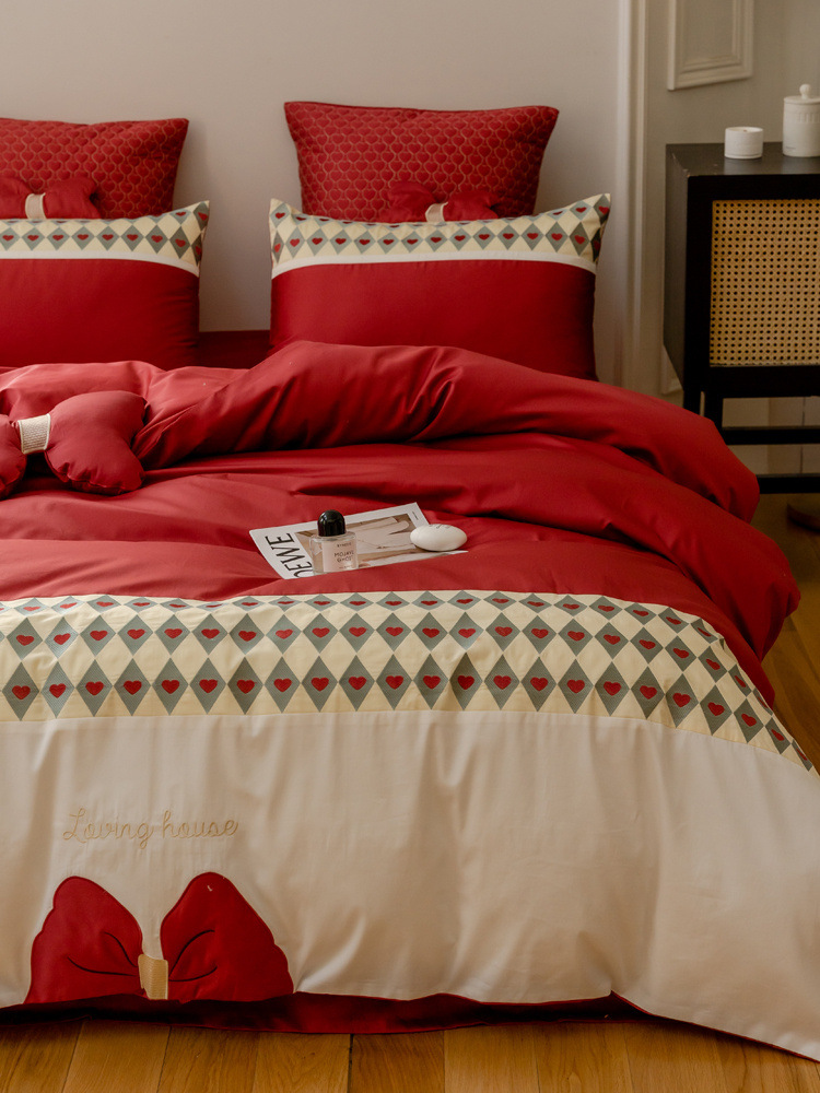 公主红色结婚庆四件套100支长绒棉纯棉喜被床品1.