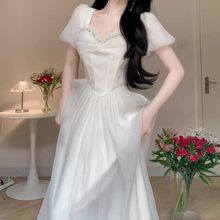 超火白色连衣裙女法式高级感新款气质长裙收腰显瘦温柔风仙女裙