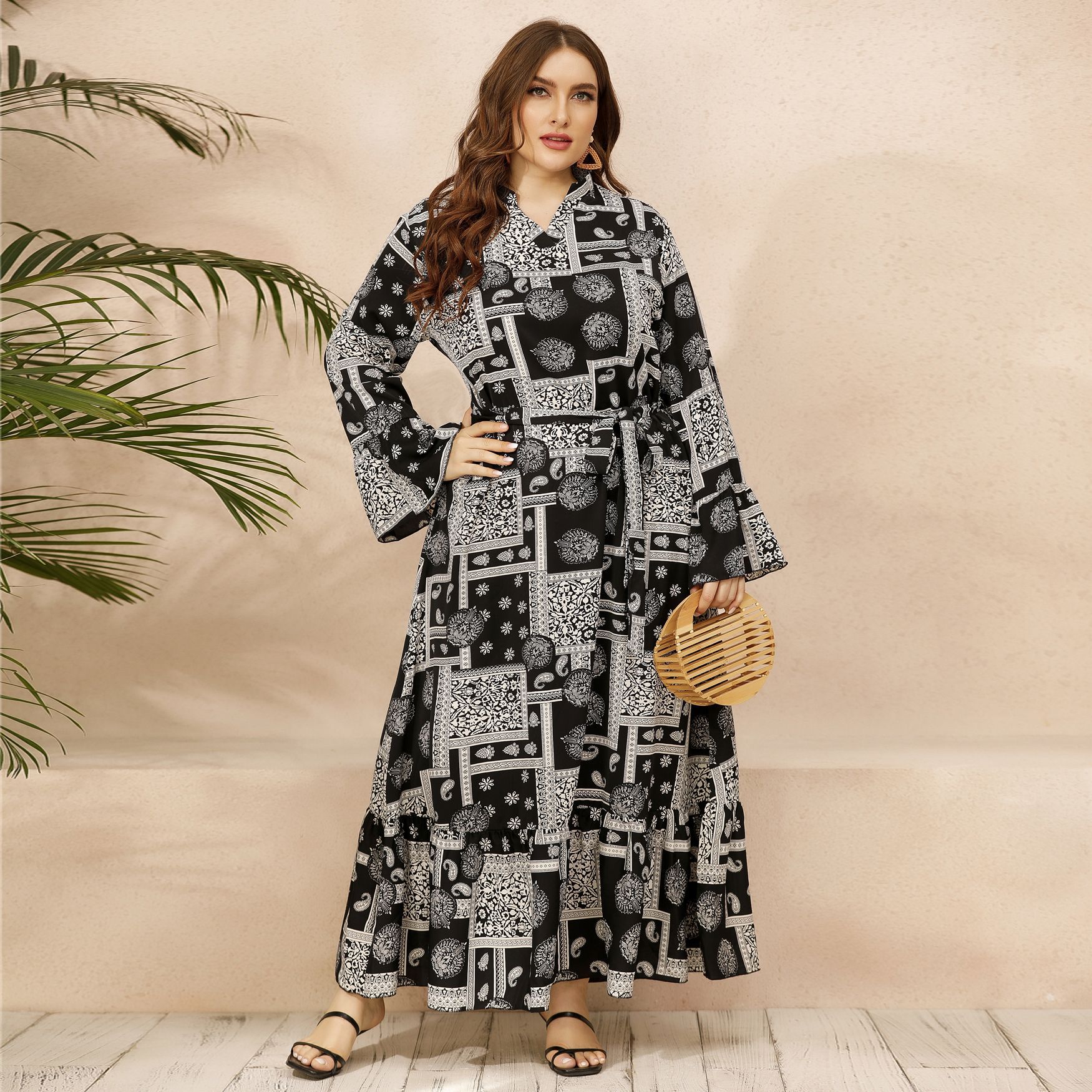 d128#亚马逊wish外贸秋季新款跨境大码中东女装印花荷叶袖连衣裙