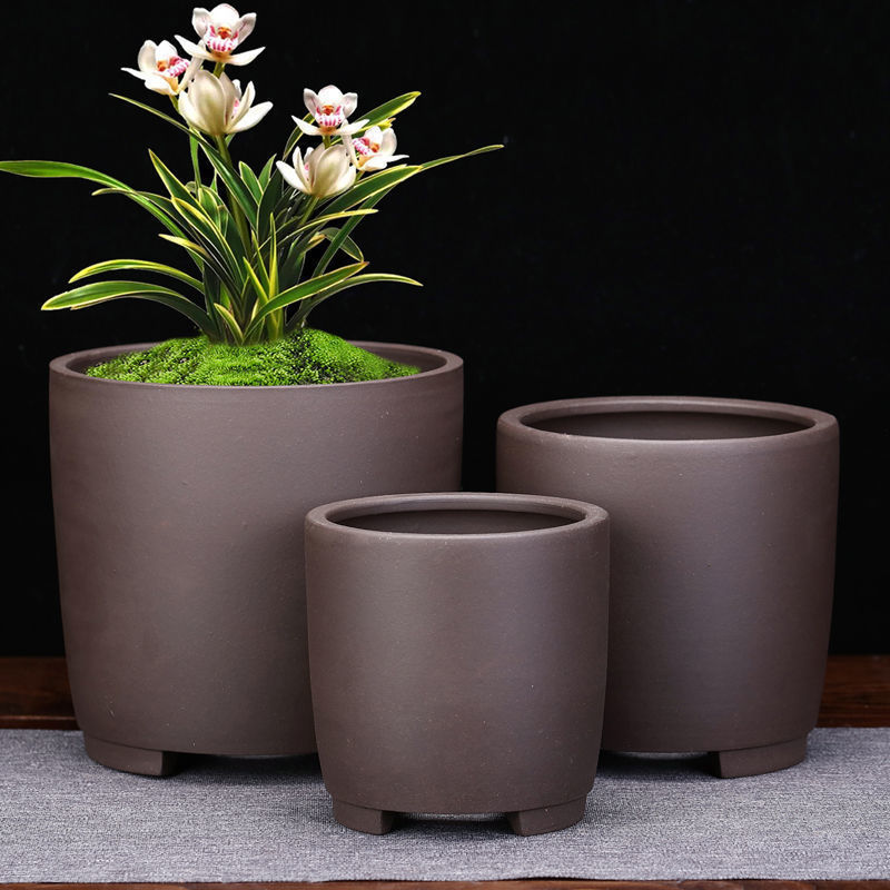 兰花盆宜兴紫砂圆柱盆景阳台君子兰小花盆绿萝多肉简约陶瓷圆透气