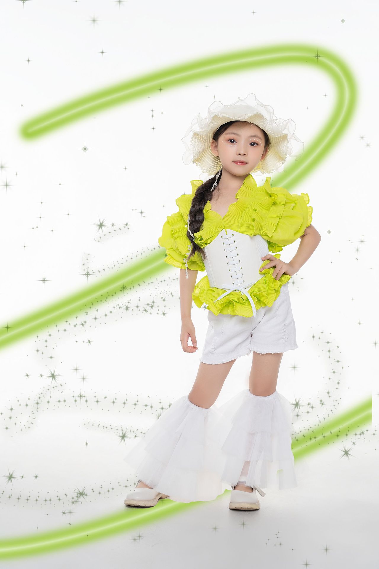 女童t台走秀潮服儿童绿色田园风精灵礼服马卡龙色演出服影楼摄影