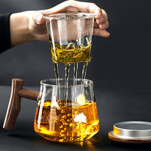 泡茶杯大容量侧把可加热煮茶器木把手家用带茶漏高硼硅玻璃泡茶杯