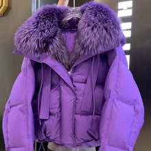 2023年秋冬季新款法式时尚紫色连帽短款棉服女宽松加厚保暖外套潮