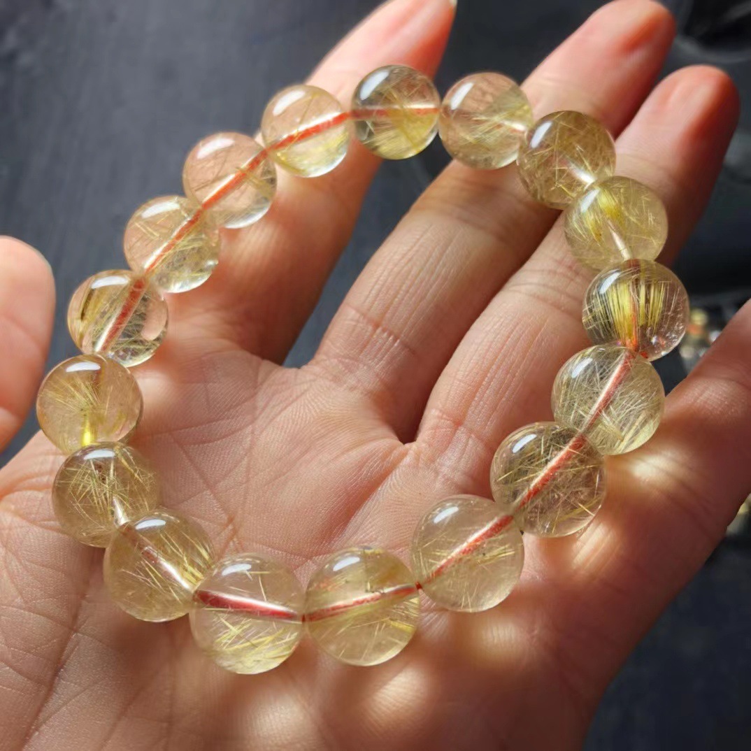 Natural Gold Rutilated Quartz Single Ring Bracelet Smooth Hair Rutile Cat's Eye Bracelet Men's and Women's Yellow Hair Crystal Hair Jewelry Gift Temperament