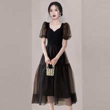 女神范时髦黑色泡泡袖连衣裙女2023夏季新款气质设计感网纱大摆裙