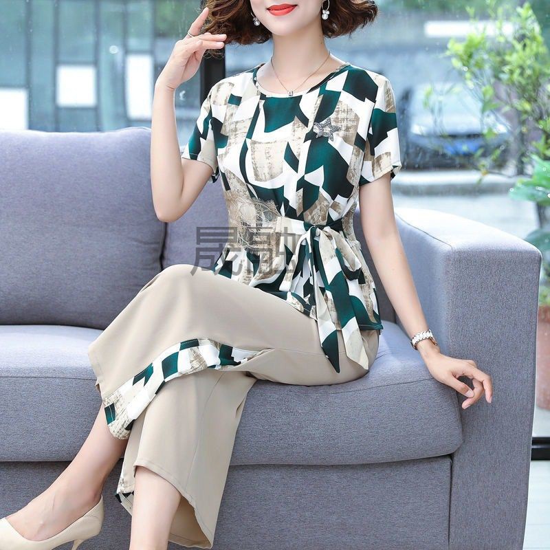 wj妈妈夏装套装中老年女装两件套40到50岁时尚洋气雪纺上衣短袖中