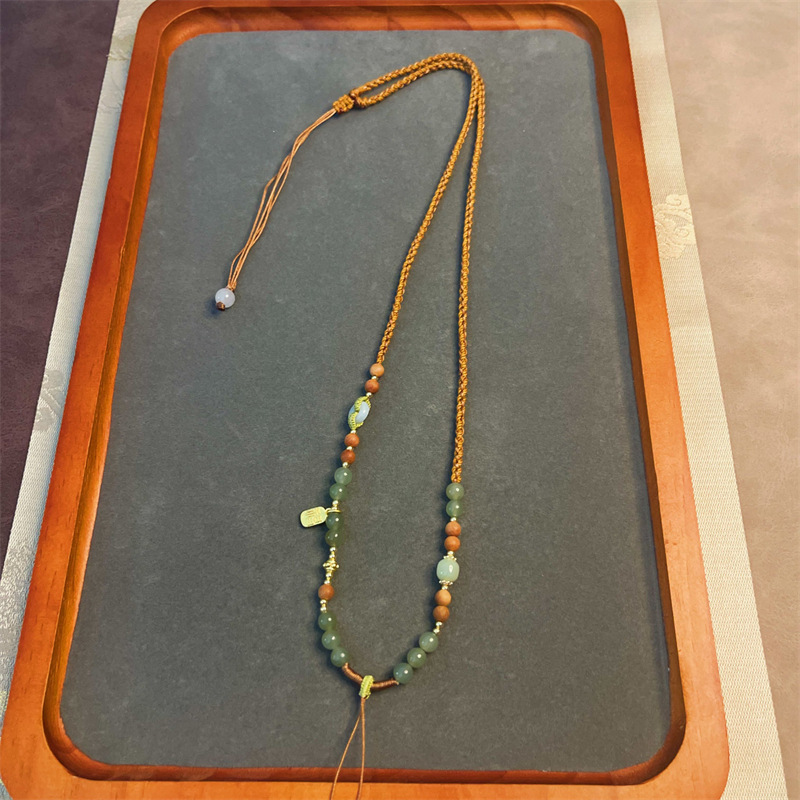原创手工编织项链绳碧玉和田玉南红配珠吊坠绳檀木翡翠玉坠挂绳