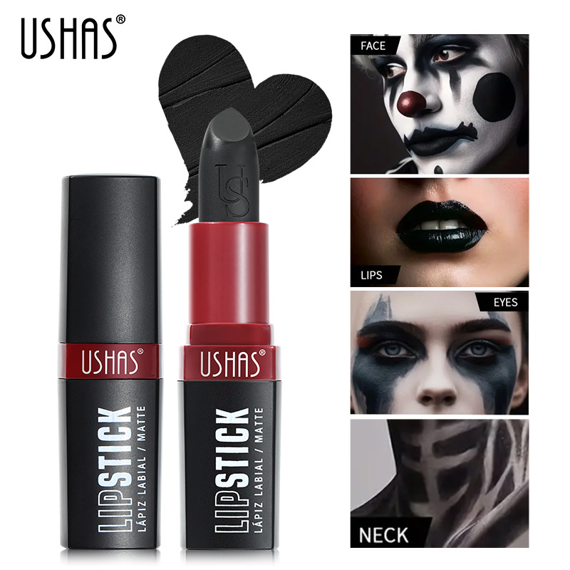 Ushas Cross-Border Foreign Trade Halloween Spot Mouth Black Lipstick Waterproof and Durable Matte Lipstick Makeup Lip Gloss