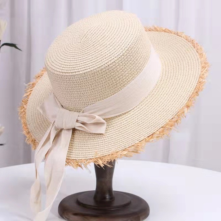 Customized Foreign Trade Summer Sun-Proof Beach Hat Travel Vacation Sunshade Flat Straw Hat Ladies Bow Burr Hat