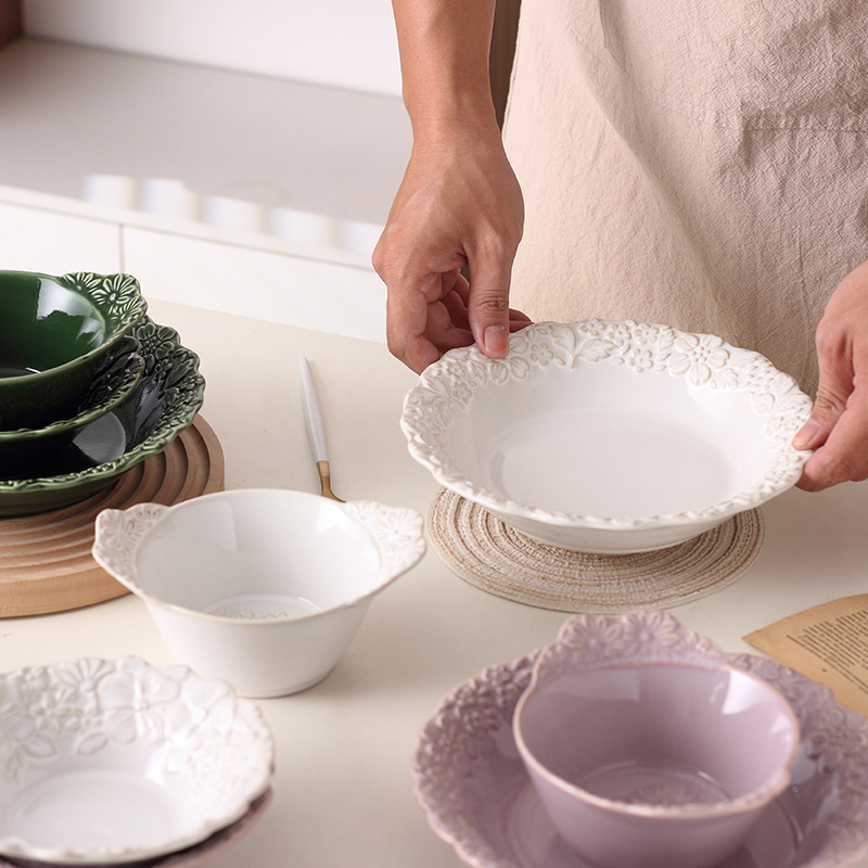 Kiln Baked Embossed Ceramic Tableware Fragrance Series Plate Soup Plate Salad Bowl Double-Ear Bowl