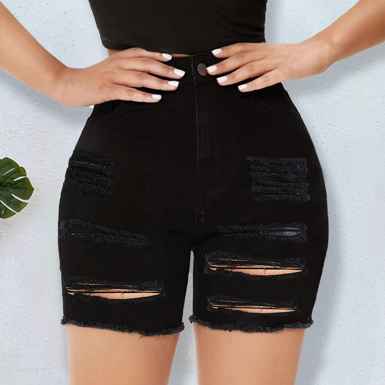 Zt60464# Foreign Trade European and American Women's Clothing Jeans Amazon AliExpress High Waist Slim Ripped Denim Shorts for Women