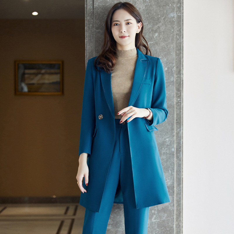 蓝色中长款风衣女2021秋冬新款女士大衣孔雀蓝大码小个子西装外套