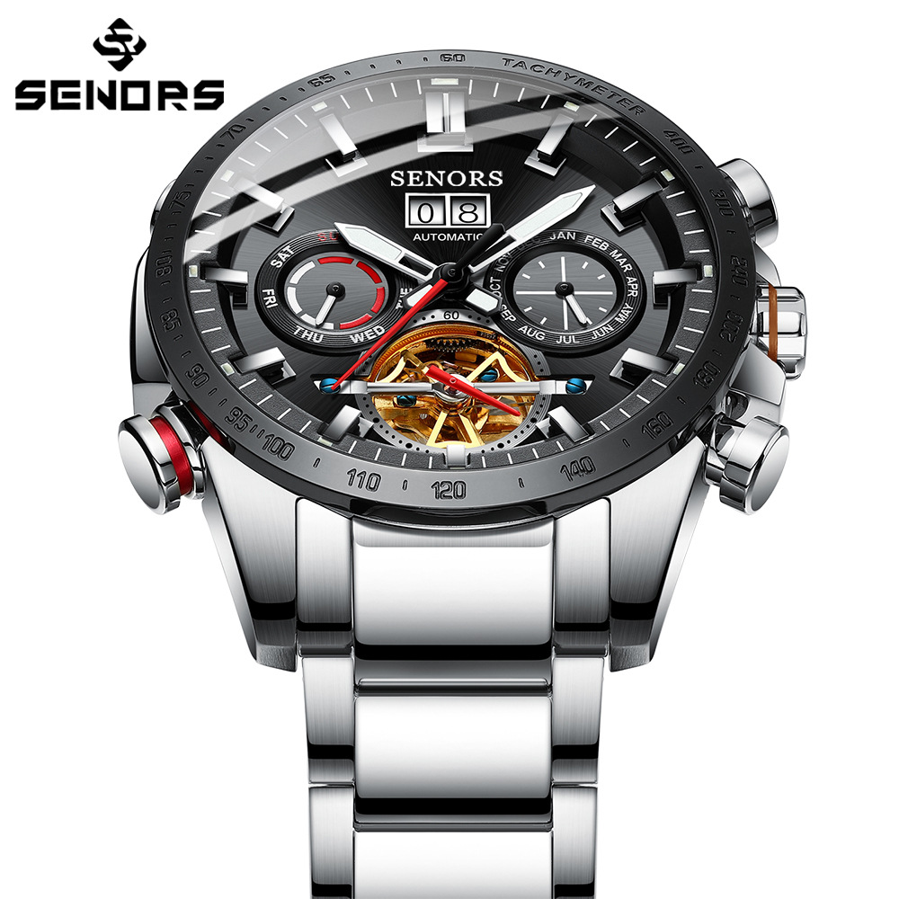 赛娜斯senors爆款不锈钢全自动机械表陀飞轮防水男士腕表sn200