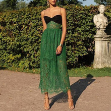 2024夏季欧美新款跨境女装连衣裙吊带性感蕾丝绿镂空度假多层长裙
