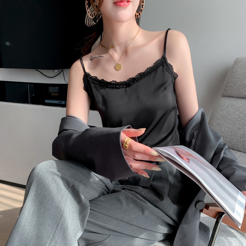 仿真丝小吊带女士法式性感蕾丝丝滑春夏内搭打底冰丝外穿单肩背心
