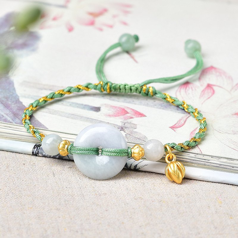 天然a货翡翠平安扣手链女手工编织翡翠手串 清新百搭闺蜜学生手绳