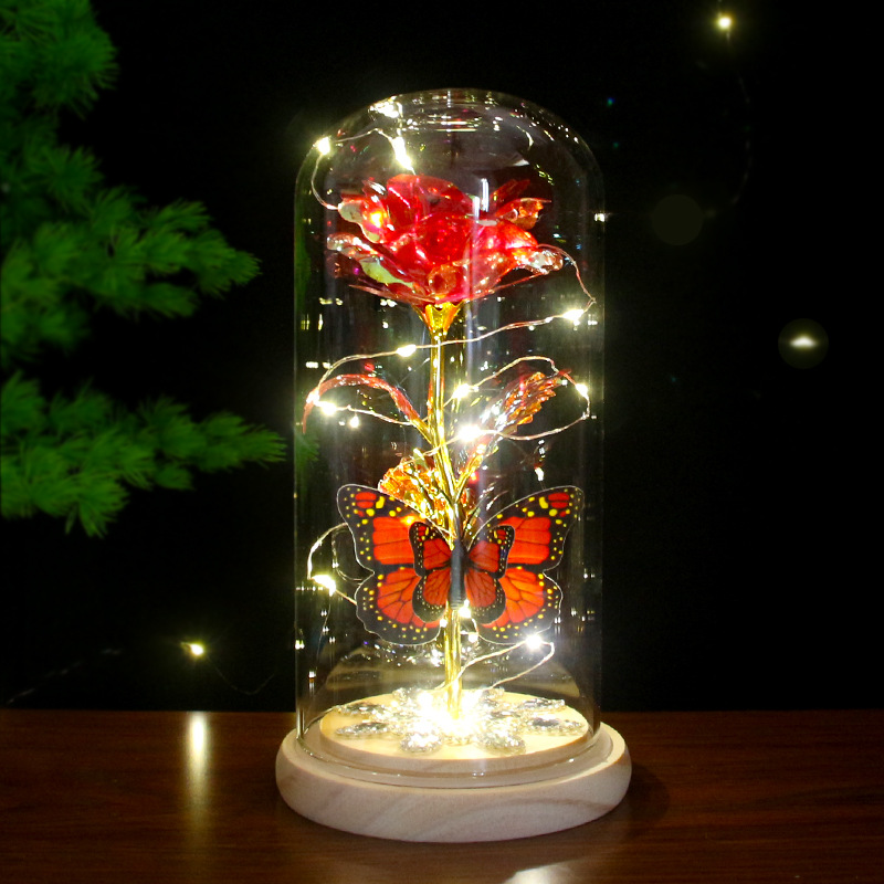 520 Valentine's Day Gift Wholesale New LED Light Luminous Glass Cover Rose Flower Lamp Gold Foil Flower Butterfly for Girlfriend