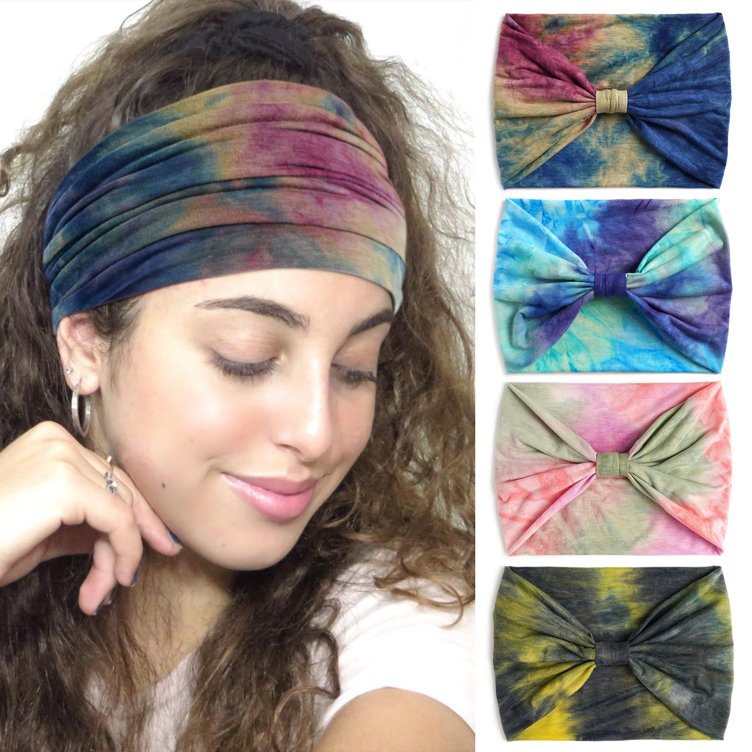 European and American plus Width 18.5cm Wide Version Tie-Dyed Hair Band Rainbow Color Yoga Exercise Hair Band Elastic Women's Sweat Absorption Headband