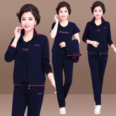Middle-Aged and Elderly Sportswear Suit Women's Spring and Autumn New Cotton Loose Casual Long and Short Sleeve Three-Piece Suit Mom Spring Clothes