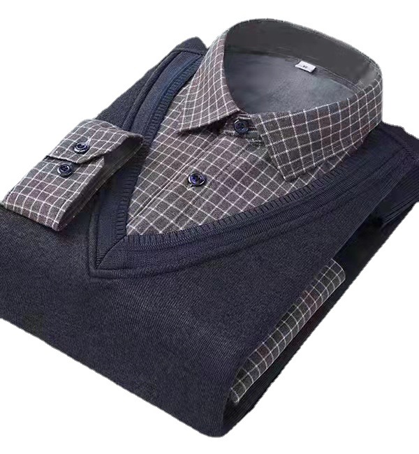 New Men's Shirt Square Collar Plaid All-Matching Fleece-Lined Thickened Thermal Knitting Cardigan Long Sleeve False-Two-Piece Shirt Winter