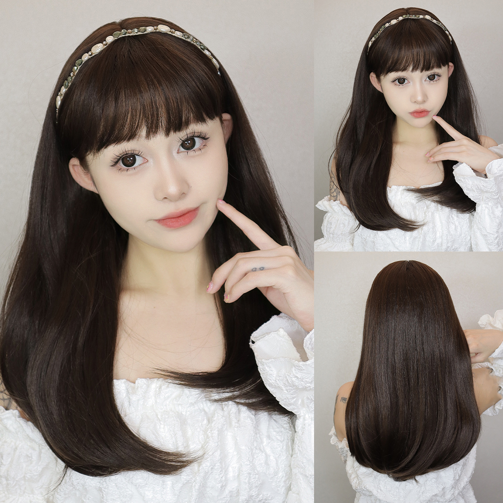 日韩批发假发女中长直发黑色圆脸网红齐刘海减龄化纤假发全头套