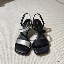欧洲站女鞋24夏季时尚莱卡布金属牛皮方头一字带舒适款细中跟凉鞋