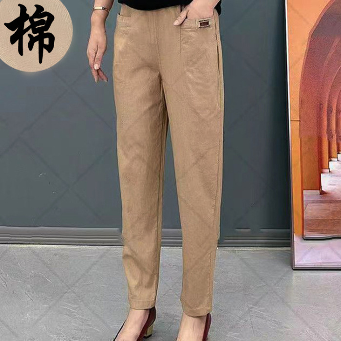 Women's Elastic Waist Cotton Pants Spring and Autumn New Western Style Leisure Loose plus Size Middle-Aged and Elderly Women's Dress Harem Pants Women Clothes