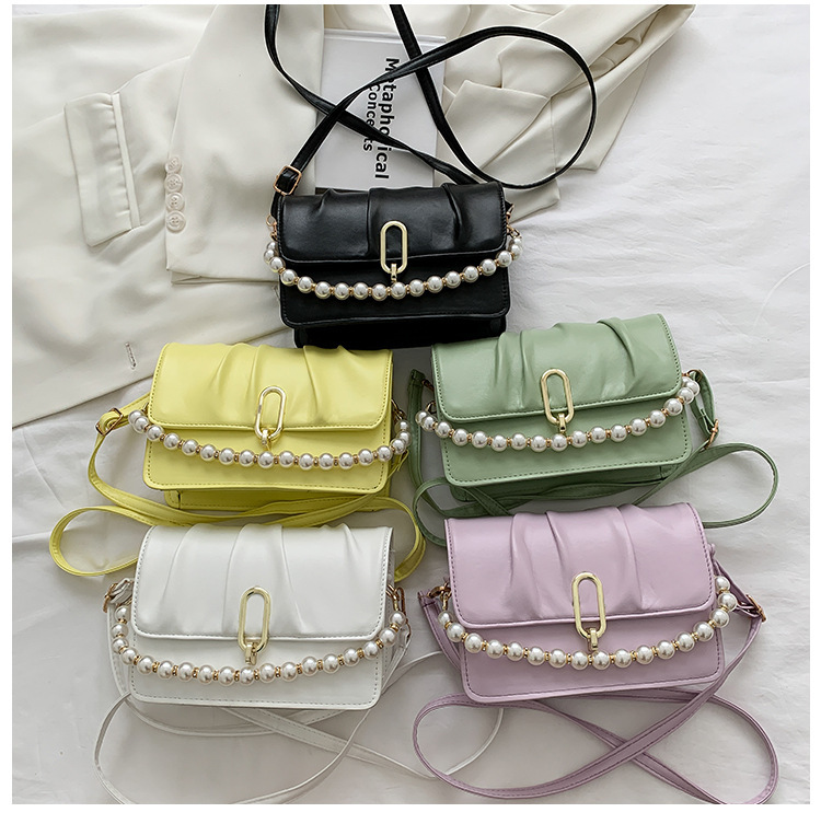 Fashion Korean Style Pearl Chain PU Leather Shoulder Messenger Bag Cheap Small Square Bag Women's 2021 New Women's Bag