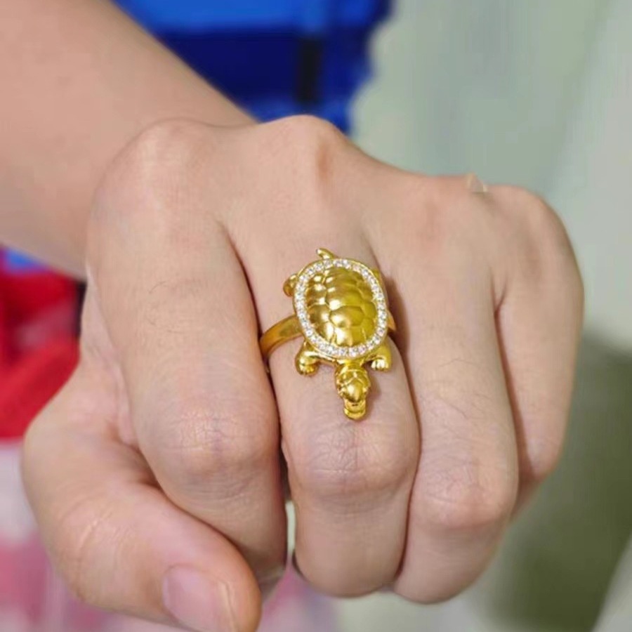 镀金小金龟戒指招财纳福古法瑞兽乌龟壳镶钻开口可调指环富甲天下