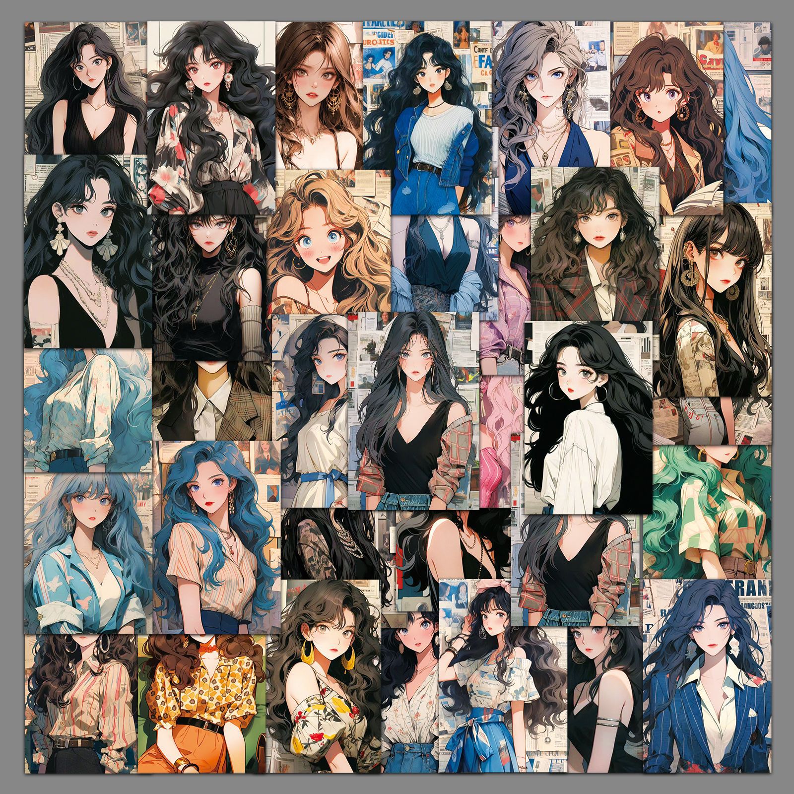 50张复古港风少女高颜值卡通女孩防水装饰行李箱手机吉他手账贴纸