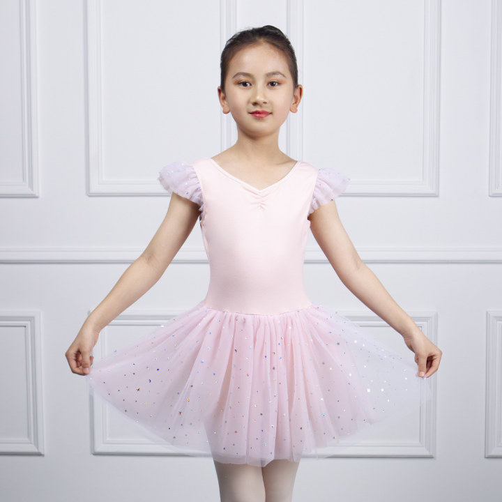 儿童舞蹈服练功服女童短袖小飞袖亮片网纱裙款芭蕾舞服中国舞蹈服