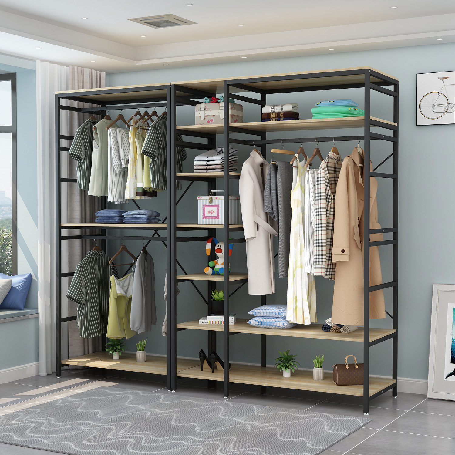 家用挂衣架卧室落地收纳开放式衣柜衣帽间简易双层金属多功能置物