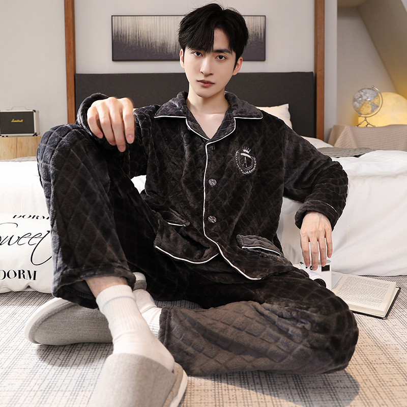 秋冬季睡衣男法兰绒韩版ins开衫长袖长裤加肥加大码少年风家居服