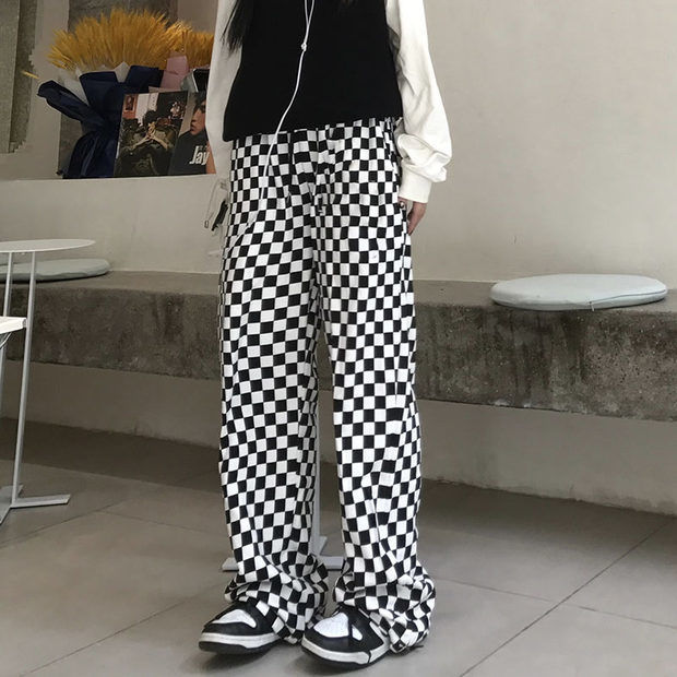 黑白棋盘格裤子女高腰阔腿夏季ins街头嘻哈宽松休闲百搭直筒裤潮格子