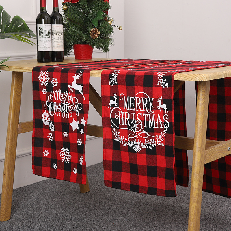 Cross-Border New Arrival Christmas Decoration Red and Black Checked Cloth Printed Table Runner Christmas Table Runner Holiday Home Christmas Placemat