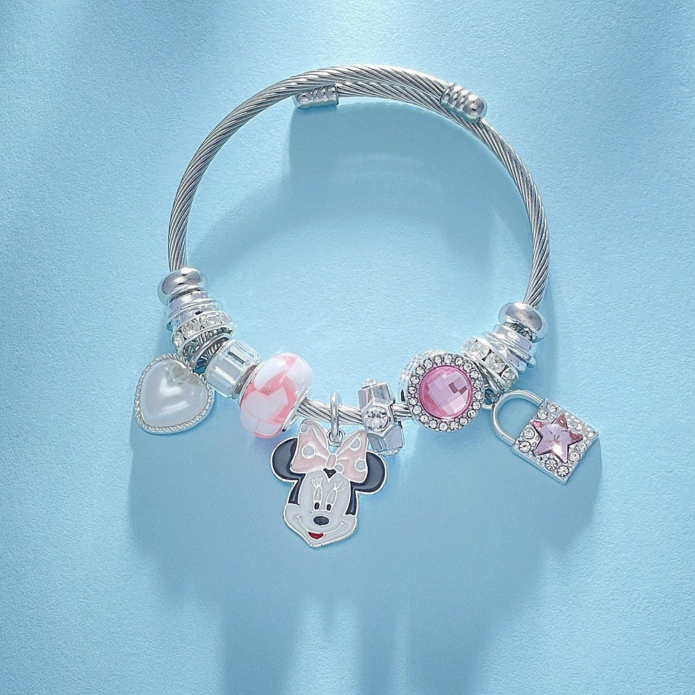 Panjia Mickey Mouse Bracelet Mickey Minnie Open Bracelet Simple Special-Interest Design Silver Plated Bracelet Cute Bracelet for Women