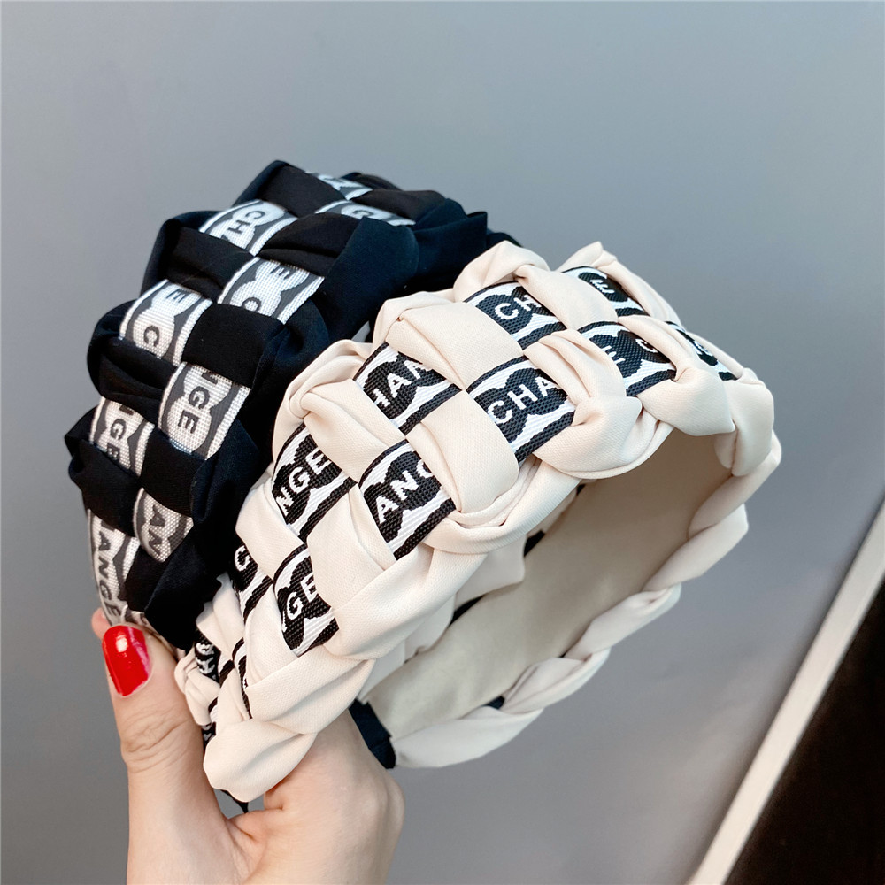 B259 Korean Retro Alphabet Plaid Headband Four-Strand Twist Braid Woven Personalized Hair Accessories Wide Brim Classic Style Headband