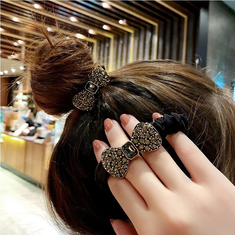 Korean Style Dongdaemun Retro Fashion Bowknot Crystal Full Diamond Hair Band Hair Rope French Large Intestine Ring Head Rope Rubber Band