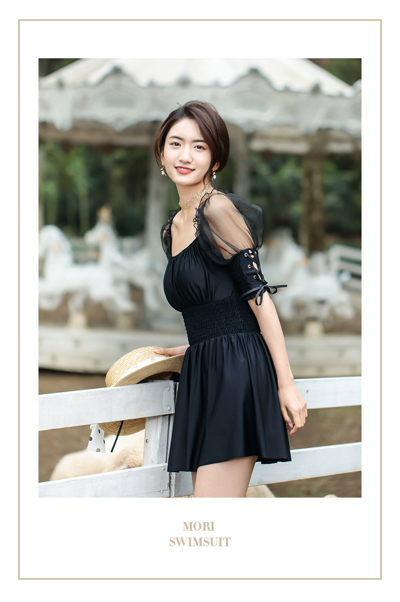 温泉新款泡泡袖抹胸收腹泳衣女裙式连体显瘦韩国学生仙女范小香风