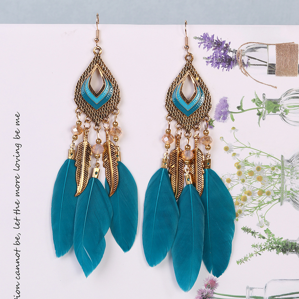 水滴流苏天然羽毛耳环女长款波西米亚米珠欧美耳饰民族风旅游度假