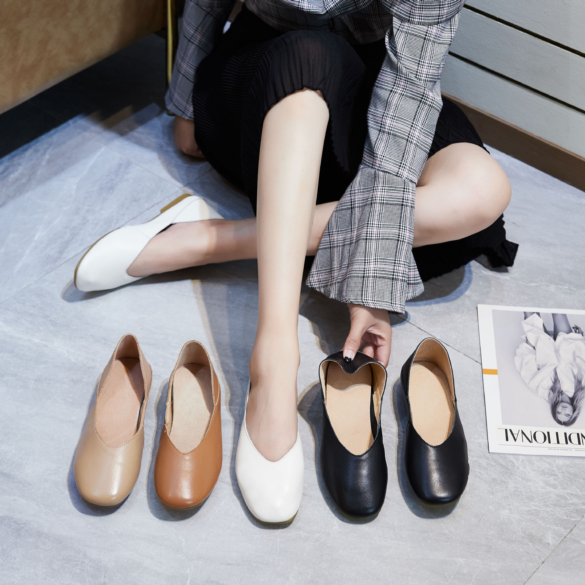 2021新款方头平底浅口单鞋女头层牛皮女鞋子软皮真皮奶奶鞋一脚蹬