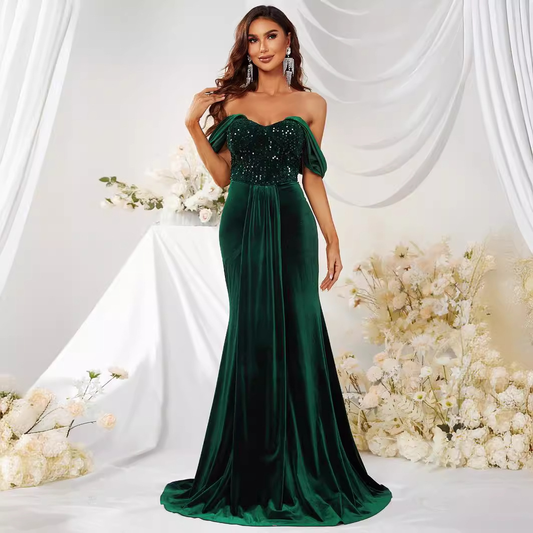 新款外贸丝绒拼接珠片露肩舞会晚礼服 鱼尾坠地长裙-mgw359-阿里巴巴