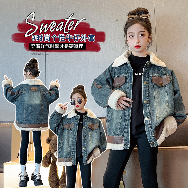女童秋冬外套2023新款网红韩版女孩冬装加绒加厚拼色时髦牛仔上衣