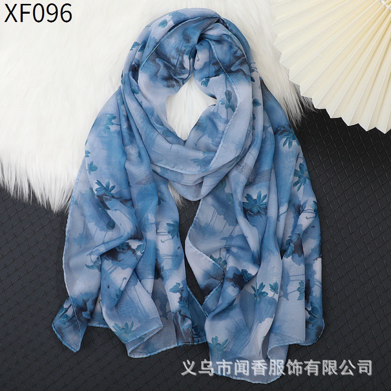 Lotus Printed Silk Scarf Women's Chiffon Scarf Wholesale Spring and Summer Sunscreen Shawl Autumn and Winter Warm Scarf Scarf Scarf