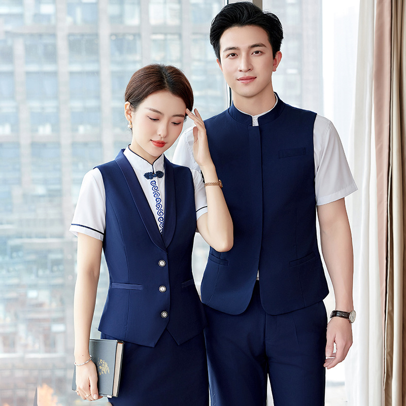 酒店前台职业套装春季新款马甲男女同款餐饮服务员蓝领工装工衣灰