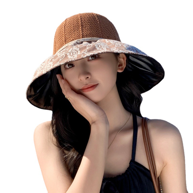 New Summer Women's Knitted Head Breathable Sun Hat Wide Brim Bow Bucket Hat Outdoor Sunscreen Lace Bucket Hat