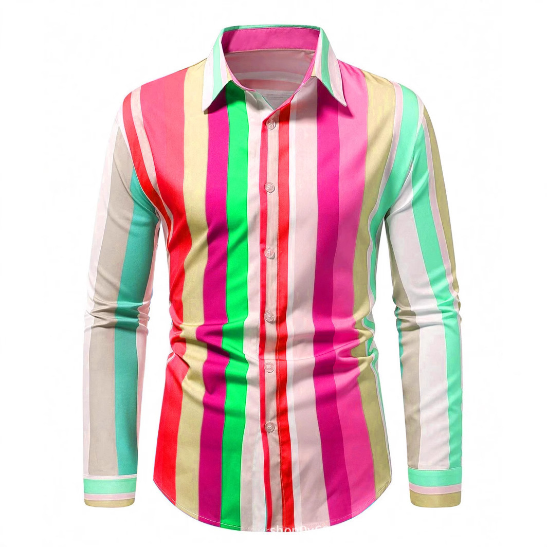 条纹印花上衣春秋季简约商务3D数码经典衬衫男士长袖跨境彩色现货
